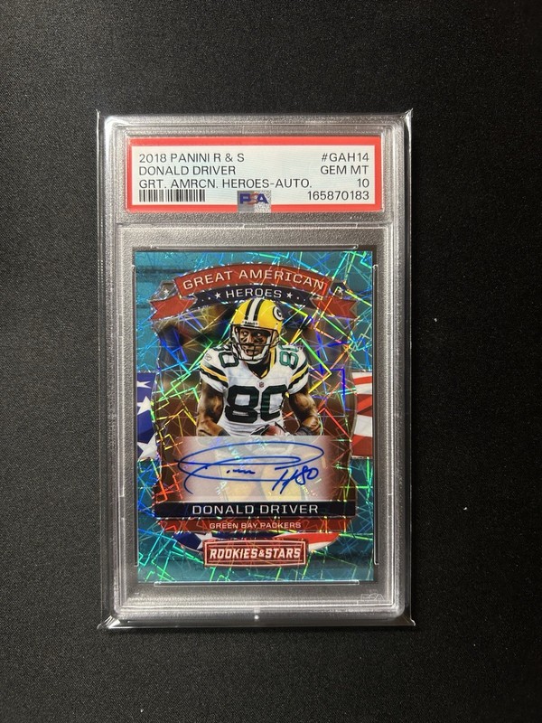2018 Panini Rookies & Stars Great American Heroes Donald Driver Auto /25 PSA 10