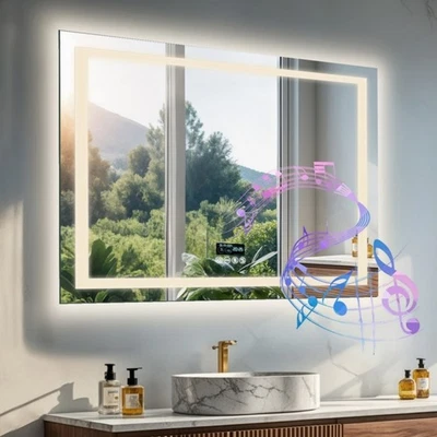 Bluetooth Badspiegel LED Uhr, Antibeschlag,Kosmetikspiegel+Bluetooth Wandspiegel - Bild 1 von 4