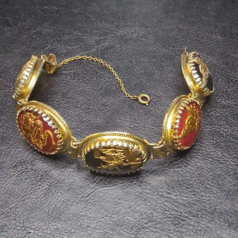 Brazalete de eslabones de diseño asiático de vidrio raro vintage WHITING & DAVIS tono dorado. 15.192 Foto 3 de 4