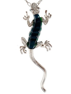 Silvery Tone Green Resin Bead Body Water Gecko Lizard Crystal Pendant Necklace