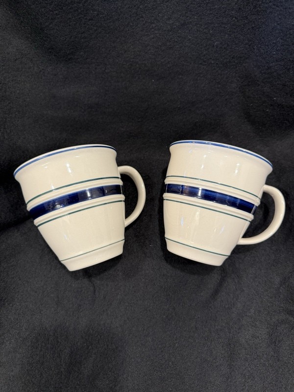 Country Crock Stoneware Set (2) 16 Oz Farmhouse Blue Stripe Large 4 3/8 High