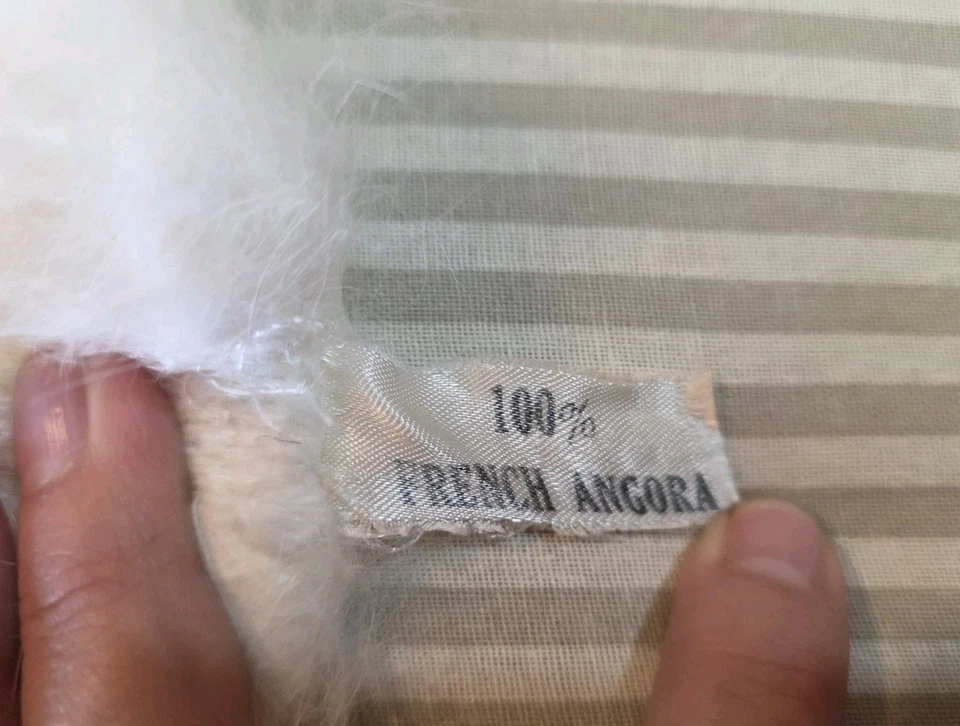 Gorro bebé angora francés 100 % vintage años 50 tejido marfil, 12" con corbatas de 12", 3 Mos Foto 3 de 4