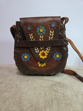 VTG 70s Hand Tooled Leather Daisy Bag Boho Hippie Painted Flower Artisan Mark B