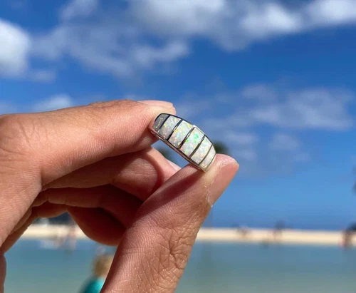 Baguette White Fire Opal Inlay Ring 925 Sterling Silver Band Ring Wedding Gift