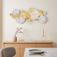 Modern Metal Wall Art Decor White Gold Geometric 52x24in Living Room