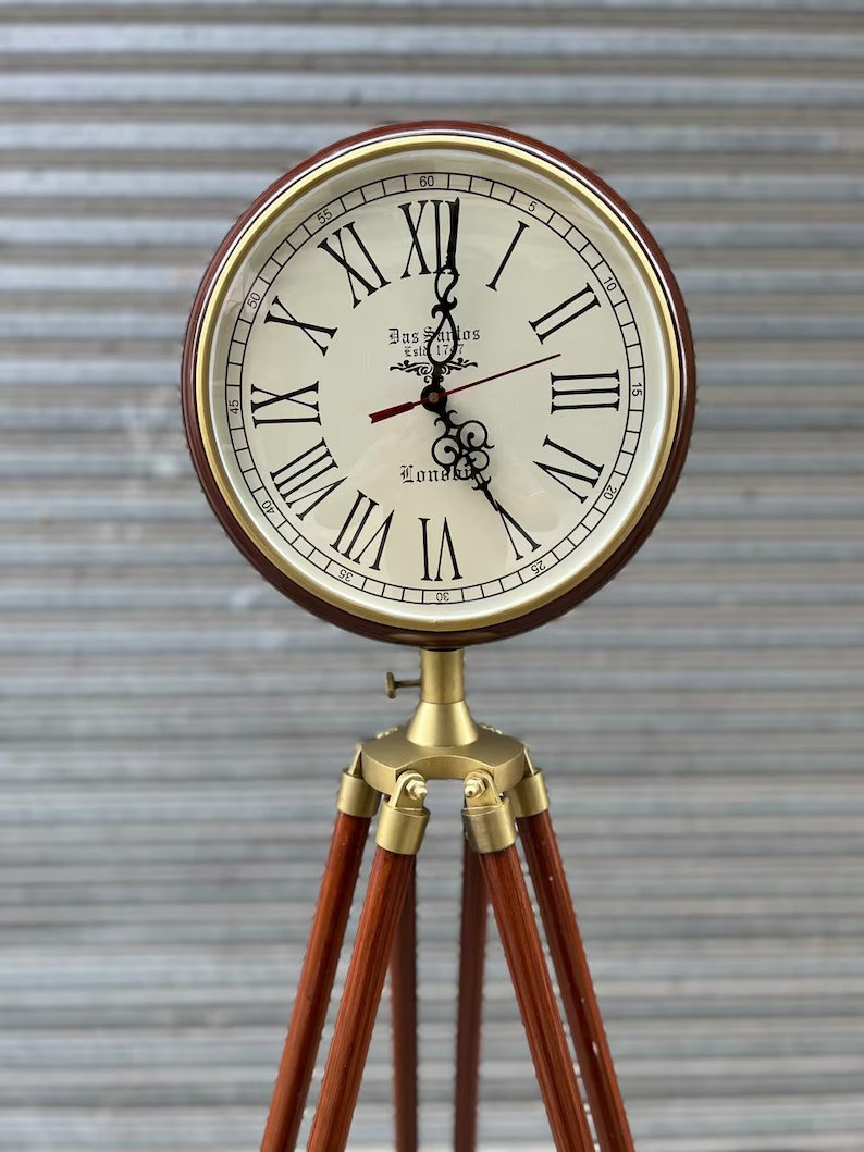 Modern Brown Polished Wooden Tripod Clock Large Analog Display for Home Office