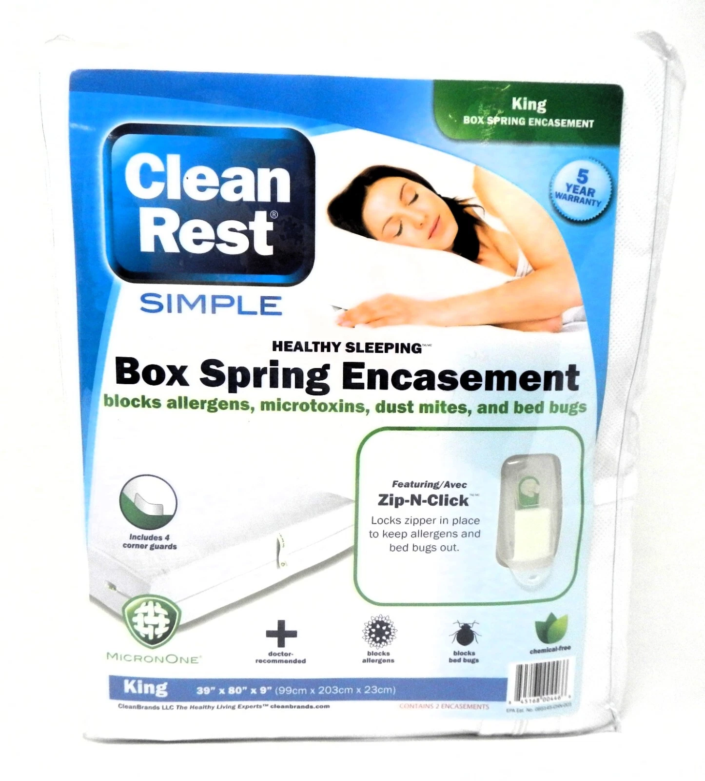 CleanRest Box Spring Encasement 39x80x9 Blocks Bed Bugs Allergans 2pk KING