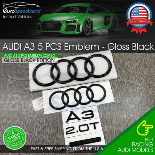 Audi A3 Front Rear Rings Emblem Gloss Black Trunk Quattro 2.0T TDI Badge 2021 + - Picture 1 of 8