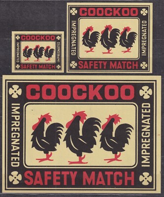 POLAND 1966 Matchbox Label Export - Cat.E#003c.A+B+C COOCKOO (three roosters)