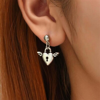 Petite Silver Heart Lock & Key, Angel Wings, Valentine s Day Love,New Earrings
