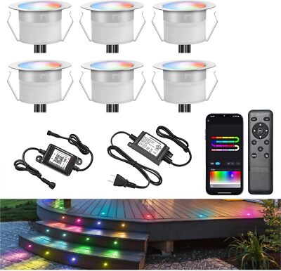 6pcs Φ1.22 Smart Recessed LED Deck Lights Multicolor Dynamic, IP67 Waterproof US