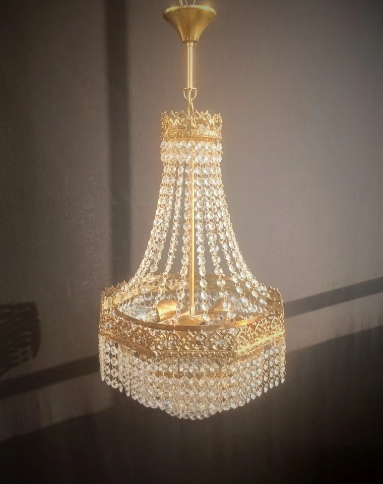 Lámpara de araña de cristal antigua vintage de latón LED cesta techo Foto 4 de 4