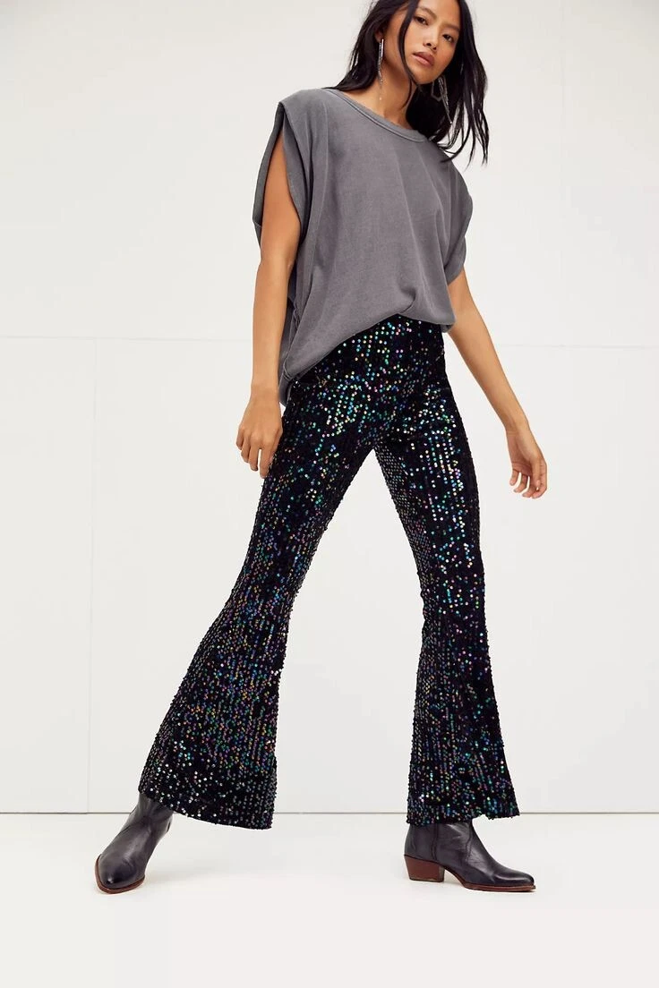 NEW FREE PEOPLE Sz L SEQUIN SLIM PULL ON FLARE PANTS