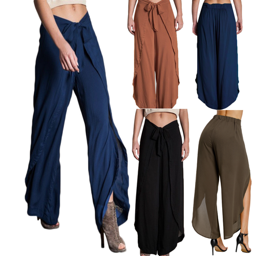 Pantaloni da donna a zampa con spacco giro vita elasticizzata allacciatura  davan | eBay