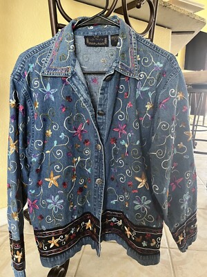 Life Style Women's Retro Embroidered Flowers Denim Jean Shirt Jacket Sz  Medium