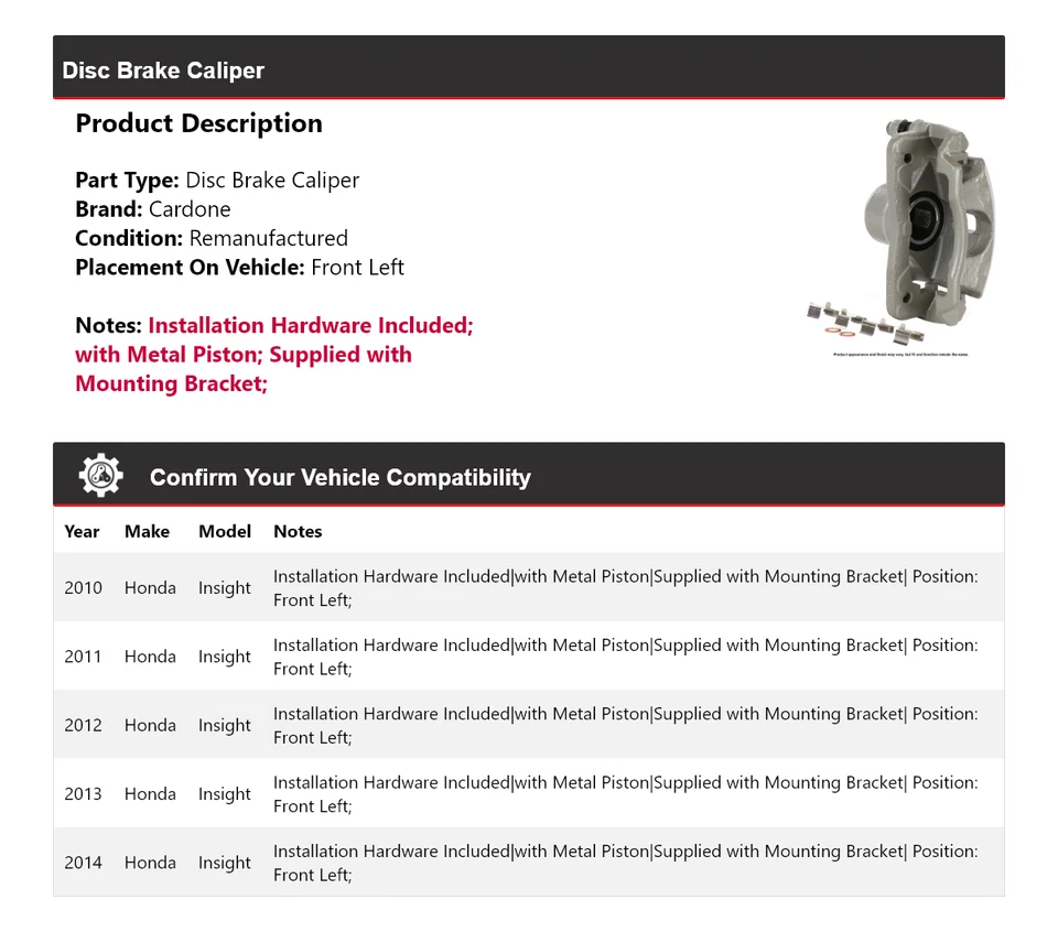 Pinça de freio a disco dianteira esquerda Cardone 2011 2012 2013 para 2010-2014 Honda Insight - Imagem 2 de 4
