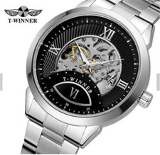 Herrenuhren Automatik Mechaniker Design Armbanduhr Silber Schwarz Edelstahl NEU