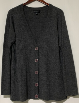 Dialogue Essentials 100% Wool Button Up V-Neck Gray Cardigan Sweater Size L
