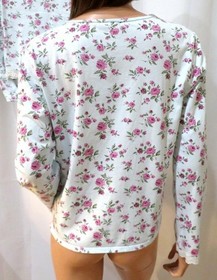 Victorias Secret 2PC Pajamas Blue & Pink Floral Cotton Knit Long Slv with Lace L