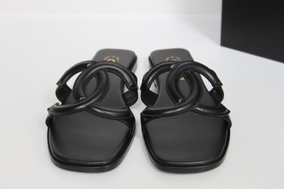 sz 8.5 / 39 CHANEL CC Logo Black Leather Mules Slide Slip on Flat