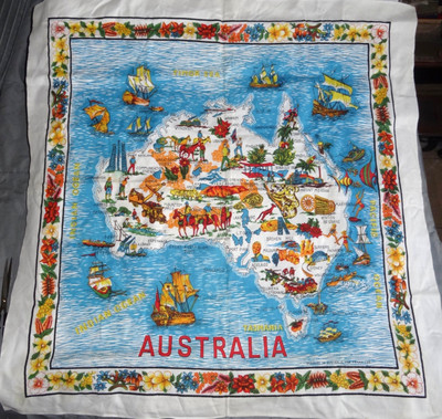 aUSTRALIA MAP L COTTON LINEN FRANK LEE DESIGN 33 X34  VINTAGE SOUVENIR neocurio