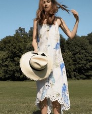 RARE Farm Rio Linen Parrot & Floral Print Embroidered Maxi Dress Oversized S-M