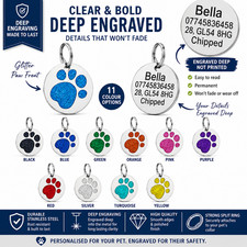 Etiquetas de identificación de mascotas grabadas profundas personalizadas con estampado de pata brillante para perros y gatos Reino Unido