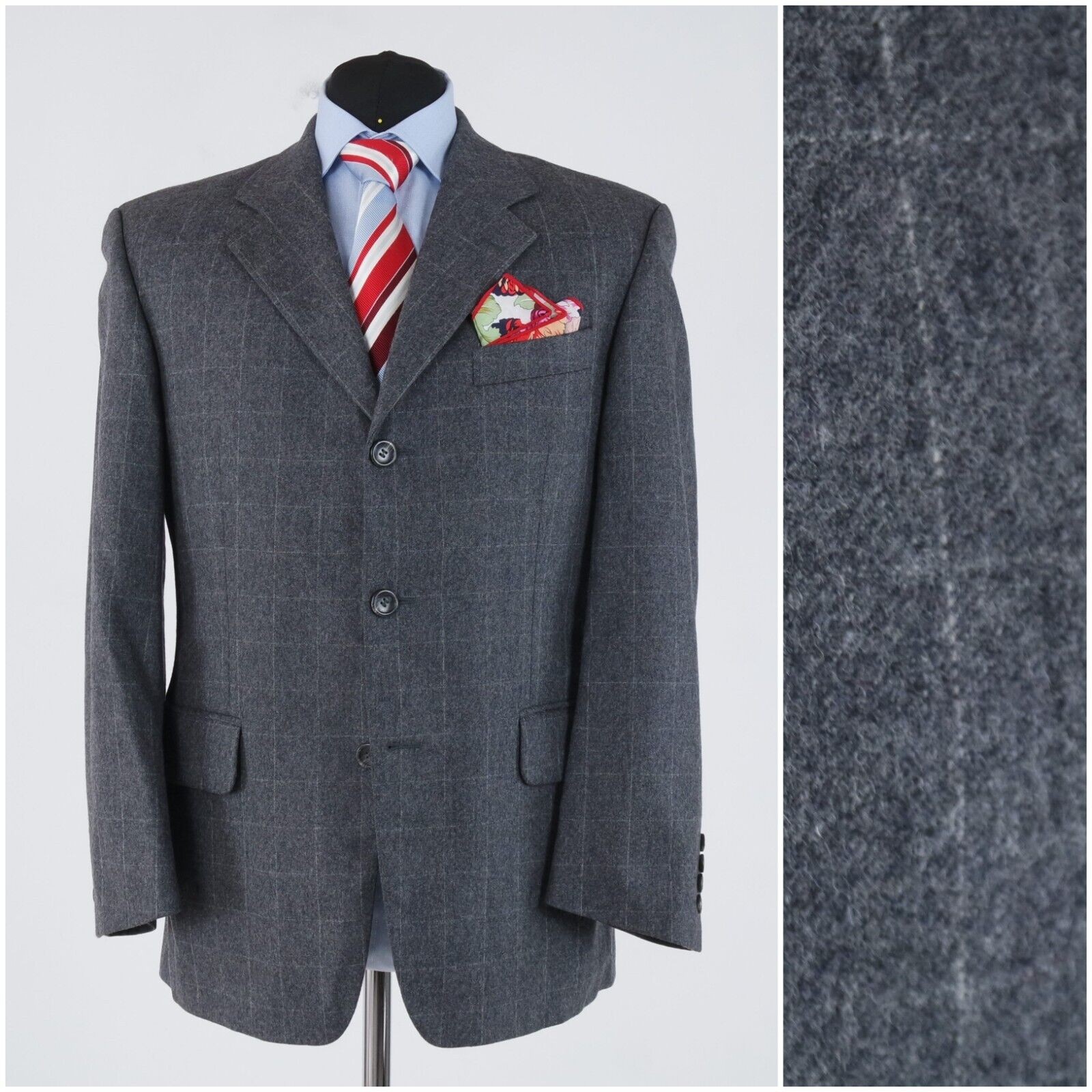 Mens Windowpane Sport Coat 42S US Size WALBUSCH Check Grey Wool Blazer Jacket