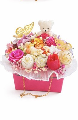 Artificial Rose Flower Box Arrangement with Bear & Butterfly Decor