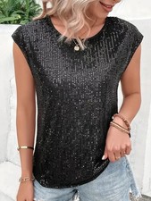 UK Ladies Sparkly Sequins Loose Tops Blouse Summer Party Casual Shirts Tee SIZE