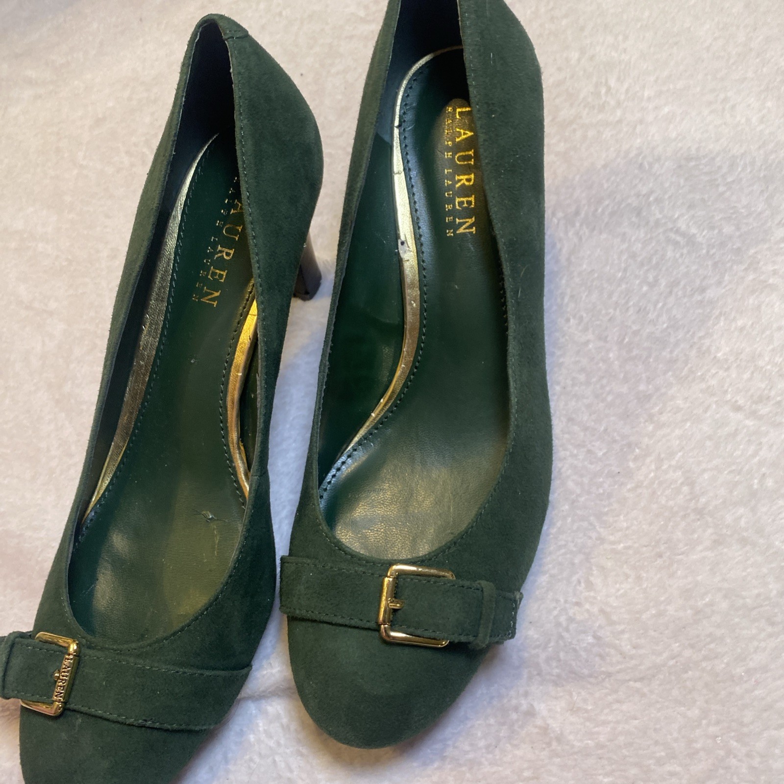 Ralph Lauren Women’s Green Suede Velvet Buckle St Patricks Heels Size 7 Women’s  thumbnail 8