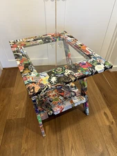 Beer Label and Sticker Art Collage Hand Crafted Side Table Great for Man Cave