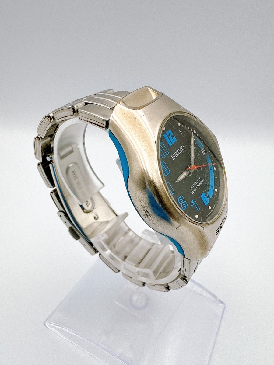 Seiko Kinetic 5J22-0A90 自動巻きクォーツ腕時計 Vintage SEIKO Kinetic 5J22-0A90 Black Blue Men's Watch New battery