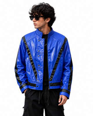 Men s Blue Genuine Leather Retro Biker Jacket Handmade Vintage Motorcycle Coat
