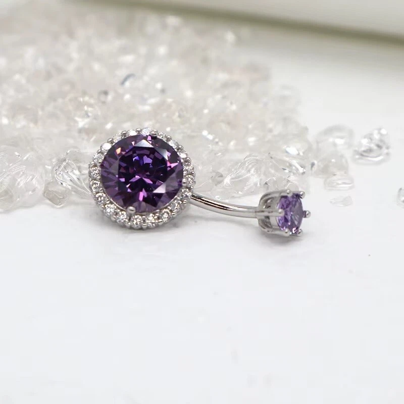 Anillo para mujer ombligo amatista púrpura corte redondo de 1 quilate chapado en oro blanco de 14 quilates. Foto 4 de 4