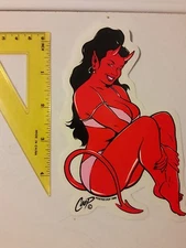 SEXY DEVIL GIRL Sittin Pretty STICKER Coop  5"x4" PosterPop Horns Vinyl