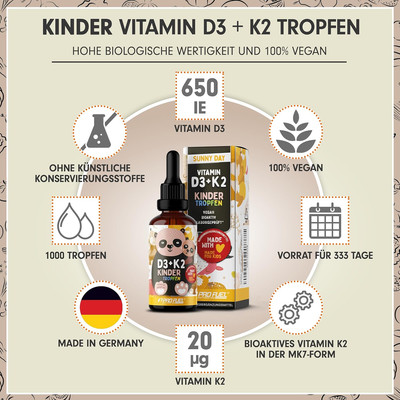 Vitamin D3 + K2 KINDER Tropfen 650 IE Vegan + 20 μg MK7 - Immunsystem & Knochen.