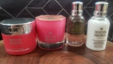 Molton Brown London Pink Pepper set Polisher Rose Body wash Coco lotion Candle
