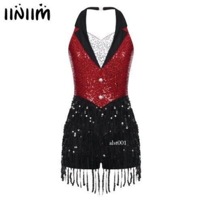 Womens Jazz Latin Dance Costume Halter Backless Sparkly Sequins Fringe  Jumpsuit | eBay