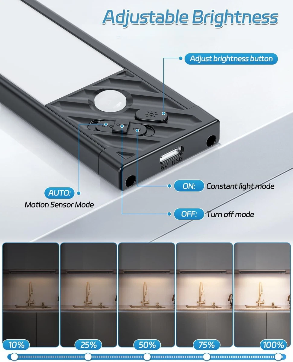Sensor de movimiento inalámbrico debajo del gabinete armario cocina mostrador LED luz nocturna paquete de 2