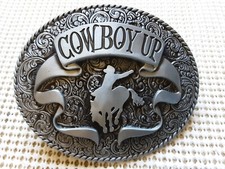 Cowboy Up Riding Bronco Pewter Tone Belt Buckle, New