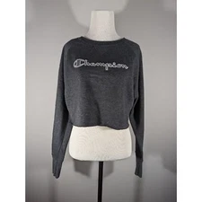 Champion Women Spellout Grey Long Sleeve Cropped Active Top Sz M Athleisure Gym