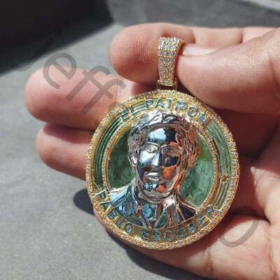 Simulated Diamond 14K Yellow Gold Over EL Patron Pablo Escobar Pendant 2.25''