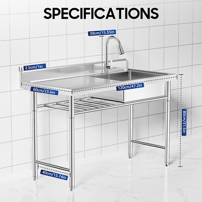 1 Bowl Stainless Steel Commercial Utility Prep Sink Single Bowl w/ Workbench NEW
