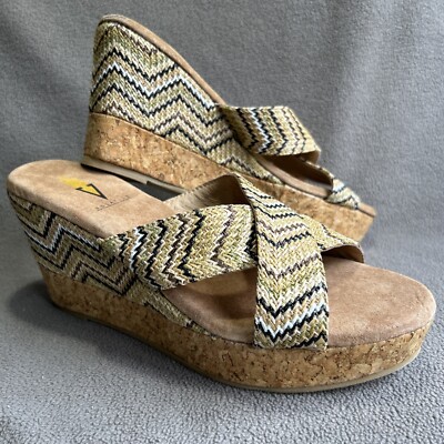 Volatile Lita Women s Sandal Tan Brown Stripe Criss Cross Slip-on Cork Wedge