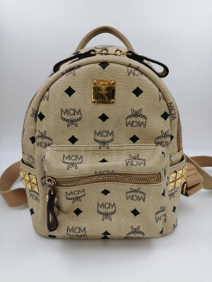 MCM Visetos Side Studs Backpack Monogram Backpack Beige Authentic Damen