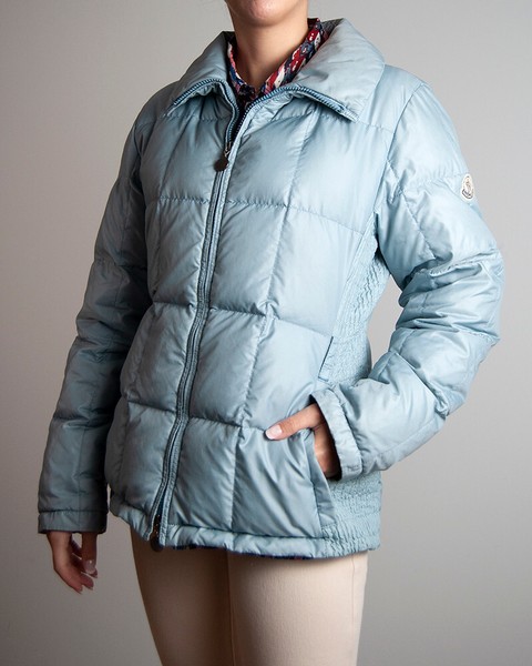 MONCLER Size 0 Authentic Woman baby blue down puffer jacket duvet zipper 
