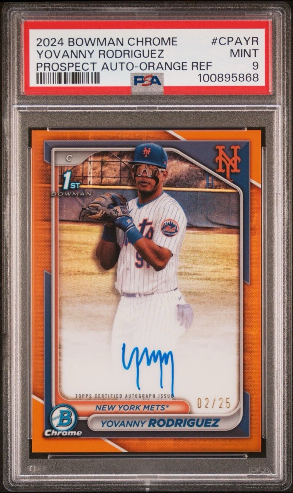 2024 BOWMAN CHROME YOVANNY RODRIGUEZ 1ST ROOKIE ORANGE AUTO /25 PSA 9