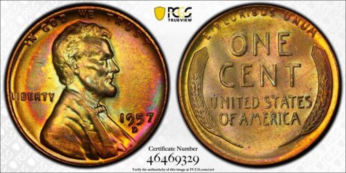MS66RB 1957-D 1C Lincoln Wheat Cent, PCGS Secure- Mint Set Rainbow Toned - Picture 1 of 6