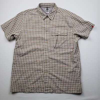 The North Face Shirt Men XL brown white Plaid Button Up Short Sleeve poly blend